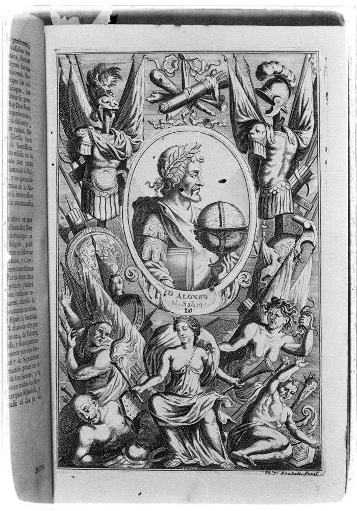 Lámina titulada: Don Alonso el Sabio, en el libro de don Alonso Núñez de Castro, titulado Corona Gothica Castellana y Austriaca, parte tercera, Amberes, 1681.
 