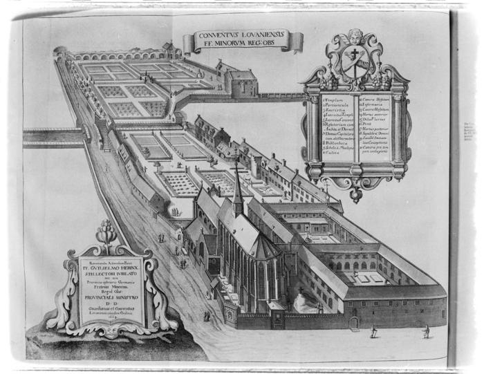 Lámina titulada: Conventus Lovaniensis, FF. Minorum Reg:Obs., del libro de Antoni Sandri, Choregraphia Sacra, tomo 3, 1664.
