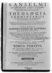 Portada del libro titulado: Theologia commentariis et disputationibus, tum dogmaticis, tum scholasticis illustrata, escrito por Iosepho Saenz de Aguirre (1630-1699), Benedictino, 1690.