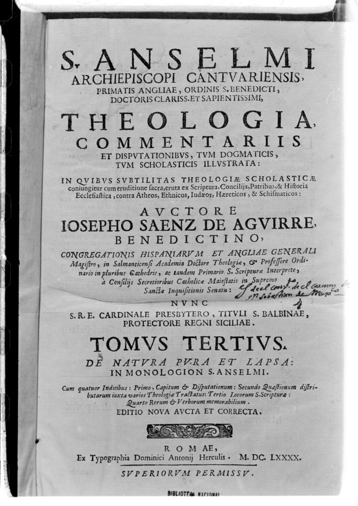 Portada del libro titulado: Theologia commentariis et disputationibus, tum dogmaticis, tum scholasticis illustrata, escrito por Iosepho Saenz de Aguirre (1630-1699), Benedictino, 1690.
