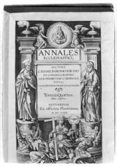 Portada del libro titulado: Annales Ecclesiastici, escrito por Caesare Baronio Sorano (1538-1607), de la Ex Congregación del Oratorio, Presbítero Cardenal con el título de los santos mártires Nereo y Aquileo.