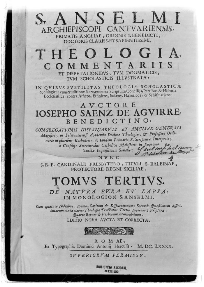 Portada del libro titulado: Theologia commentariis et disputationibus, tum dogmaticis, tum scholasticis illustrata, escrito por Iosepho Saenz de Aguirre (1630-1699), Benedictino, 1690.