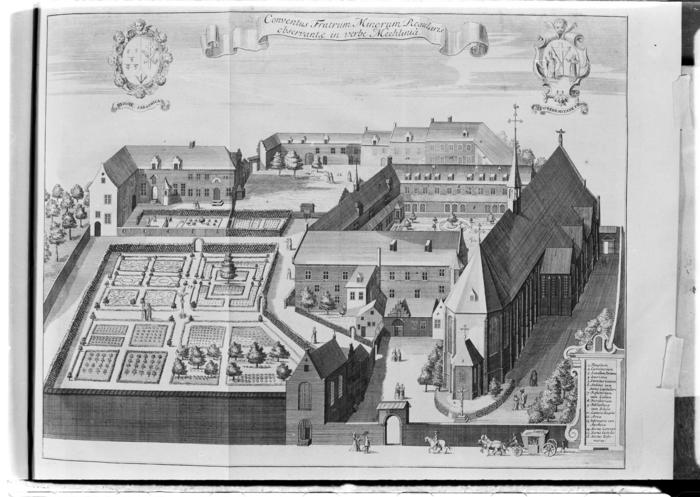 Lámina titulada: Conventus Fratrum Minorum Regularis Observantae in verbe Mechlinia, del libro de Antoni Sandri, Choregraphia Sacra, tomo 3, 1664.
