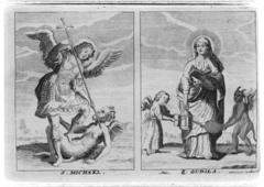 Lámina titulada: S. Michael y S. Gudila en el libro de Antoni Sandri, Choregraphia Sacra, tomo 3, 1664. 
 