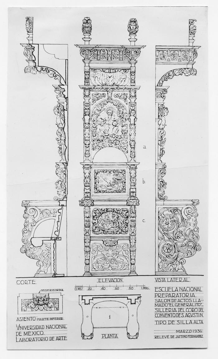 Dibujo de las caras de una silla alta del coro del Convento de San Agustín