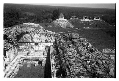 Patio de los Cautivos en El Palacio, vista aérea. Zona Arqueológica de Palenque, Chiapas.