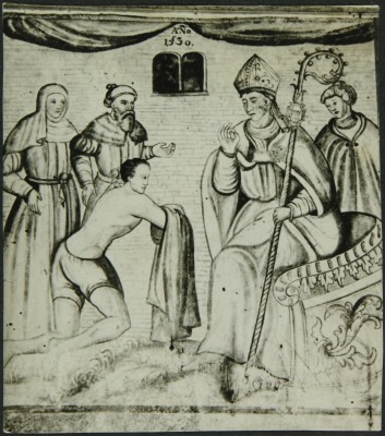 Escena de San Francisco ante el  Obispo de Asís. Cholula.