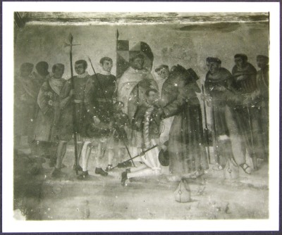 Cortés ante fray Martín de Valencia y los Doce. Portería de Ozumba.